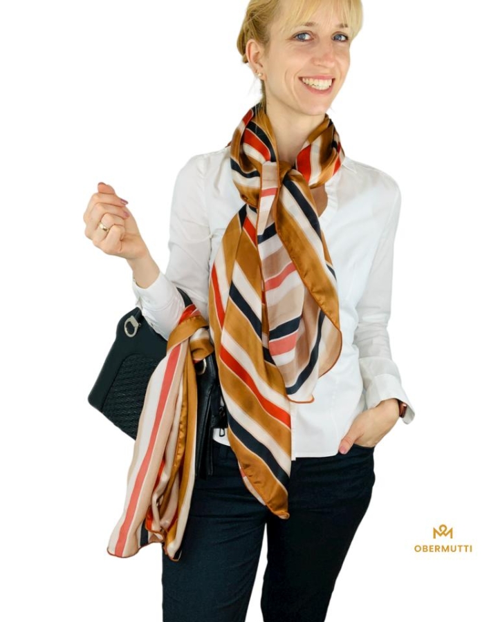 Preview: Schal mit Halsschleife aus Seide im Streifenprint